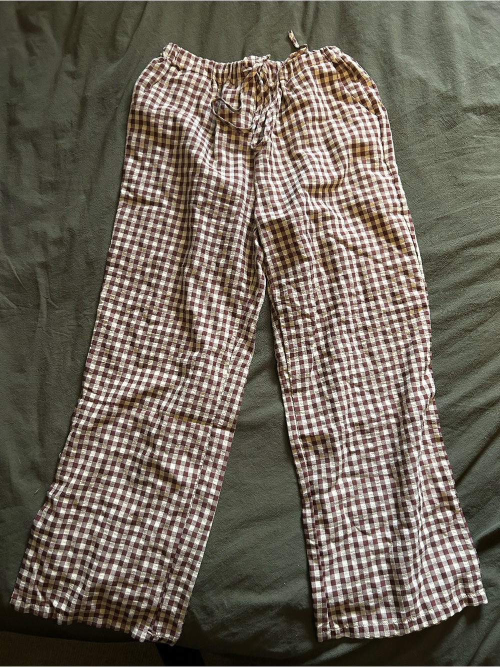 Gingham Drawstring Lounge Pants - Brown & White